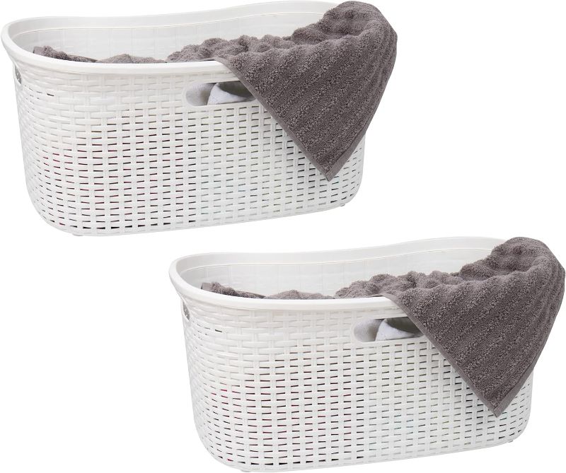 Photo 1 of 40L Laundry Basket, Clothes Hamper, Wicker Design, Plastic, 23"L x 14.5"W x 11"H, Set of 2, White