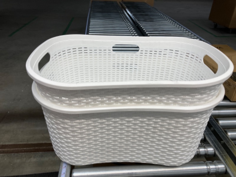 Photo 2 of 40L Laundry Basket, Clothes Hamper, Wicker Design, Plastic, 23"L x 14.5"W x 11"H, Set of 2, White