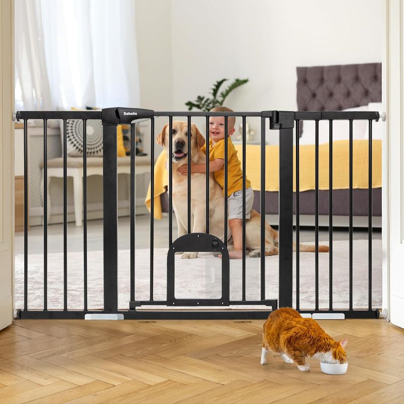 Photo 1 of Babelio 31.5-55" Extra Wide Baby Gate with Cat Door, Auto Close Durable Dog Gate Indoor, Pressure Mounted Baby Gates for Stairs, Doorways, Includes 4 Wall Cups and 3 Extension Pieces, Black