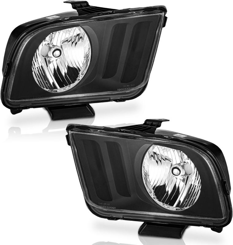 Photo 1 of Assembly Compatible with 2005-2009 Ford Mustang, Headlamp Replacement For 2005 2006 2007 2008 2009 Ford Mustang Headlight Assembly Black Housing Clear Reflector L+R Side Pair Set