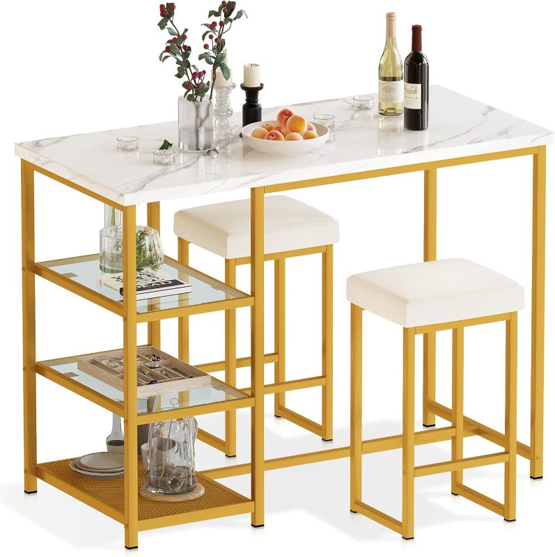 Photo 1 of AWQM Dining Table for 2, Kitchen Island Table , Faux Mable Kitchen Table for Small Space, Dining Room, Kitchen, Gold+White