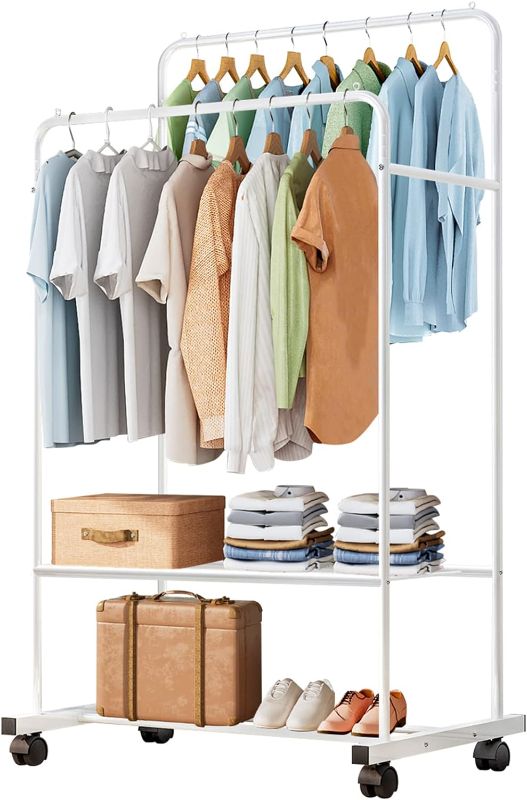 Photo 1 of *STOCK PHOTO FOR REFERENCE* Clothing Rack with Wheels Double Rails Clothes Rack Rolling Rack for Indoor Bedroom Clothes Rack Max Load 110LBS Shelf on Wheels(White)