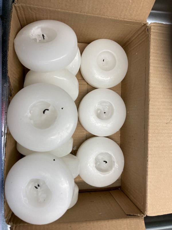 Photo 3 of *SIX CANDLES HAS BEEN USED* 3 inch Floating Candles, 12 Pack White/Gold/Red Floating Candle, Long Burning and Smokeless Candle for Wedding, Birthday, Pool, Holiday & Home Decoration Unscented (12PACK, White)