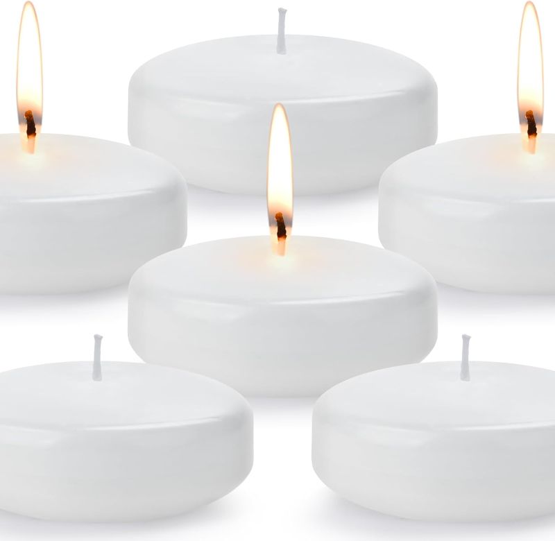 Photo 1 of *SIX CANDLES HAS BEEN USED* 3 inch Floating Candles, 12 Pack White/Gold/Red Floating Candle, Long Burning and Smokeless Candle for Wedding, Birthday, Pool, Holiday & Home Decoration Unscented (12PACK, White)