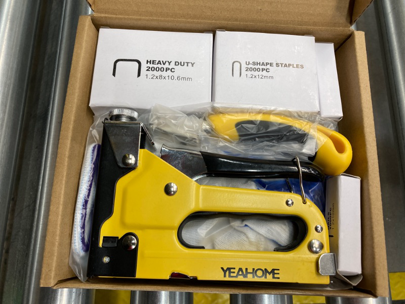 Photo 2 of Upholstery Staple Gun Heavy Duty, 4 in 1 Stapler Gun with 6000 Staples, Remover, Gloves, Manual Brad Nailer Power Adjustment Stapler Gun for Wood, Upholstery, Carpentry, Decoration DIY Staple Gun