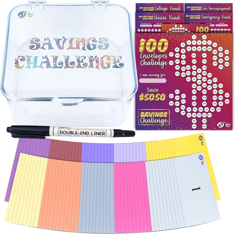 Photo 1 of 100 Envelopes Money Saving Challenge Box Kit, 100 Envelope Challenge - Fun and Organized Money Saving Kit for $5050 Savings in 100 Deposits - Ideal for 100 Day Savings Challenge (Rainbow)