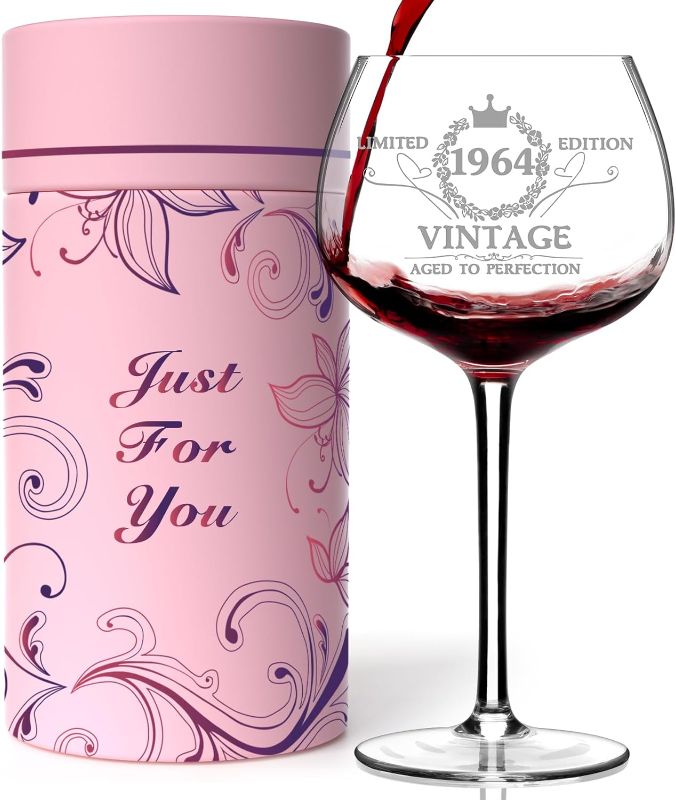 Photo 1 of 60TH Birthday Gifts for Her, Vintage 1964 Engraved 60th Wine Glass, 60 Year Old Birthday Decorations For Women, Funny 60 Bday Gifts Idea For Women, Friends, Daughter, Sister Mom - Turning 60 Present