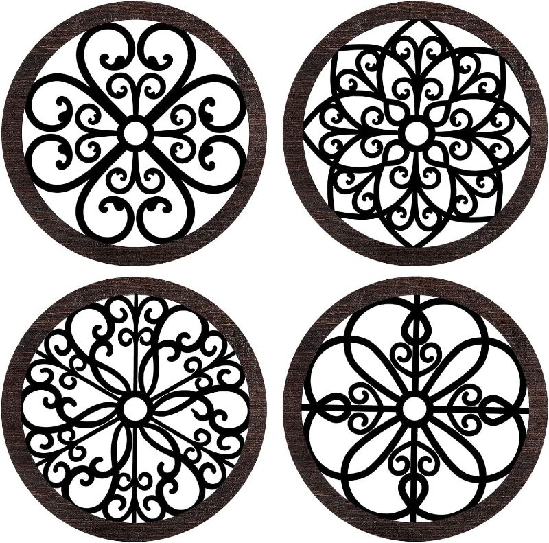 Photo 1 of 4 Pcs Thicken Rustic Wall Decor Farmhouse Wall Art Wooden Hollow Carved Design Decor Rustic Round Wall Art for Living Room Bedroom Hallway Decor Kitchen Wall (Black, Brown,9.8 x 9.8 Inch)