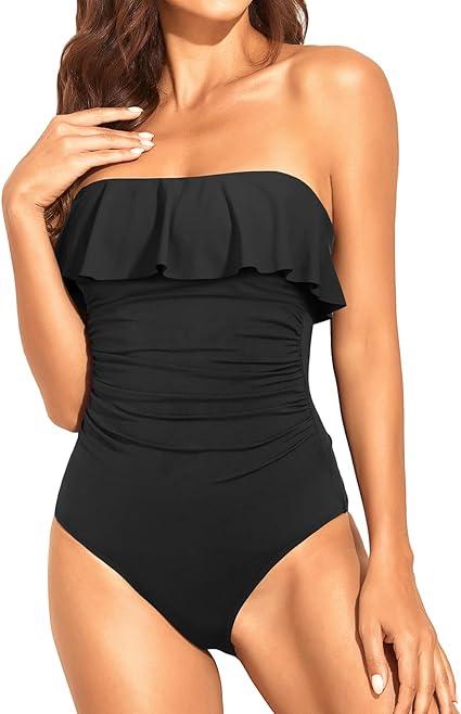 Photo 1 of Holipick Strapless One Piece Swimsuits for Women Tummy Control Bandeau Bathing Suits Ruffle Slimming Swimwear