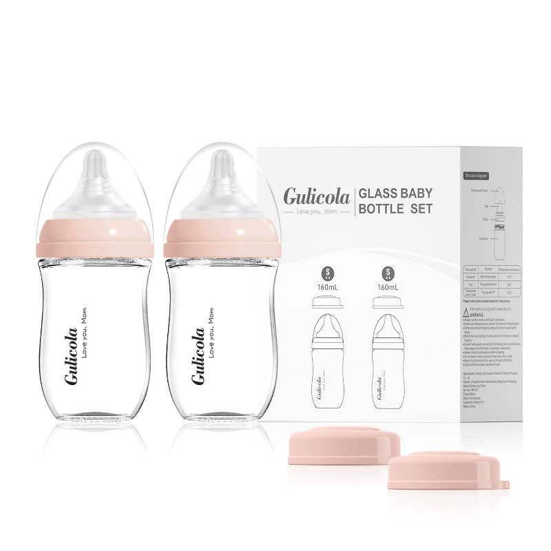 Photo 1 of Natural Glass Baby Bottle for Breastfeeding Babies, Newborn Anti-Colic Bottle Set with Slow Flow Nipple, 0-3 Months, 5 oz, 2 Pack - Pink