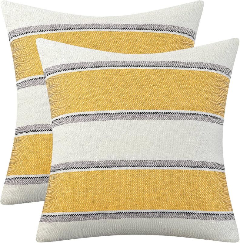 Photo 1 of AmHoo Pack of 2 Farmhouse Linen Throw Pillow Cover Cushion Stripe Decoration Buffalo Retro Pillowcase with Hidden Zipper for Sofa Bedroom Car 16 x 16 Inch Yellow