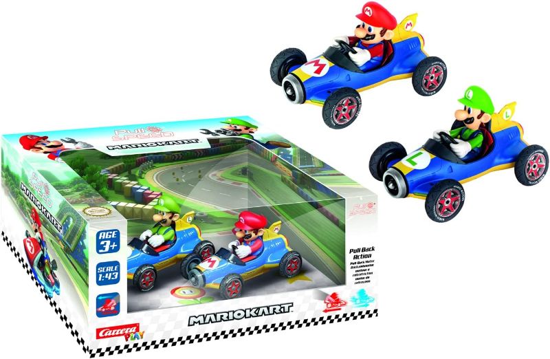 Photo 1 of Carrera Pull & Speed 15813018 Official Licensed Kids Mario Kart Toy Car Pull Back Vehicle for Ages 3 and Up - Mach 8 Mario/Mach 8 Luigi