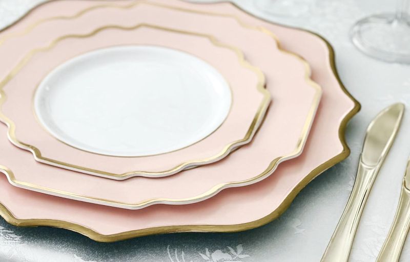 Photo 1 of " OCCASIONS " 50 Plates Pack (25 Guests)-Heavyweight Wedding Party Disposable Plastic Plate Set -(25x10.5'' Dinner + 25x8'' Salad/Dessert) (Imperial in Blush Pink & Gold)