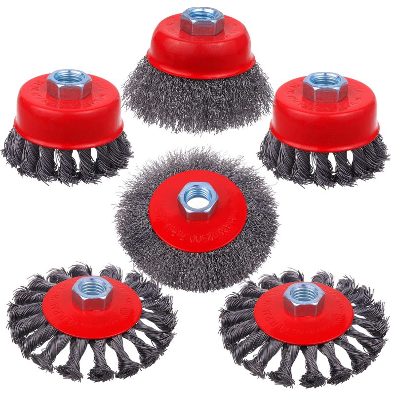 Photo 1 of Rocaris 6 Pack Wire Wheel Cup Brush, 3 & 4 Inch Twisted Knotted & Coarse Crimped Cup Brush for Angle Grinders, 5/8 -11 Inch Threaded Arbor
