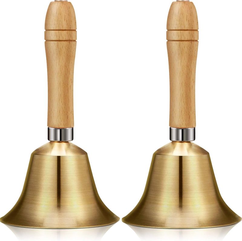 Photo 1 of 2 Pieces Solid Brass Hand Call Bells with Wooden Handle Handbells Loud Ringing Bell Hand Held Service Bell Animal Bell Decoration(3.15 x 3.15 x 5.9 Inch)