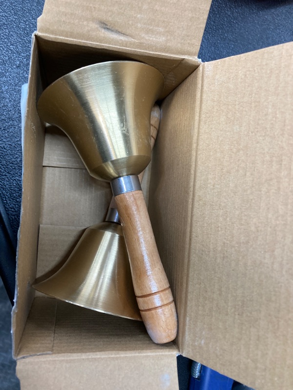 Photo 2 of 2 Pieces Solid Brass Hand Call Bells with Wooden Handle Handbells Loud Ringing Bell Hand Held Service Bell Animal Bell Decoration(3.15 x 3.15 x 5.9 Inch)
