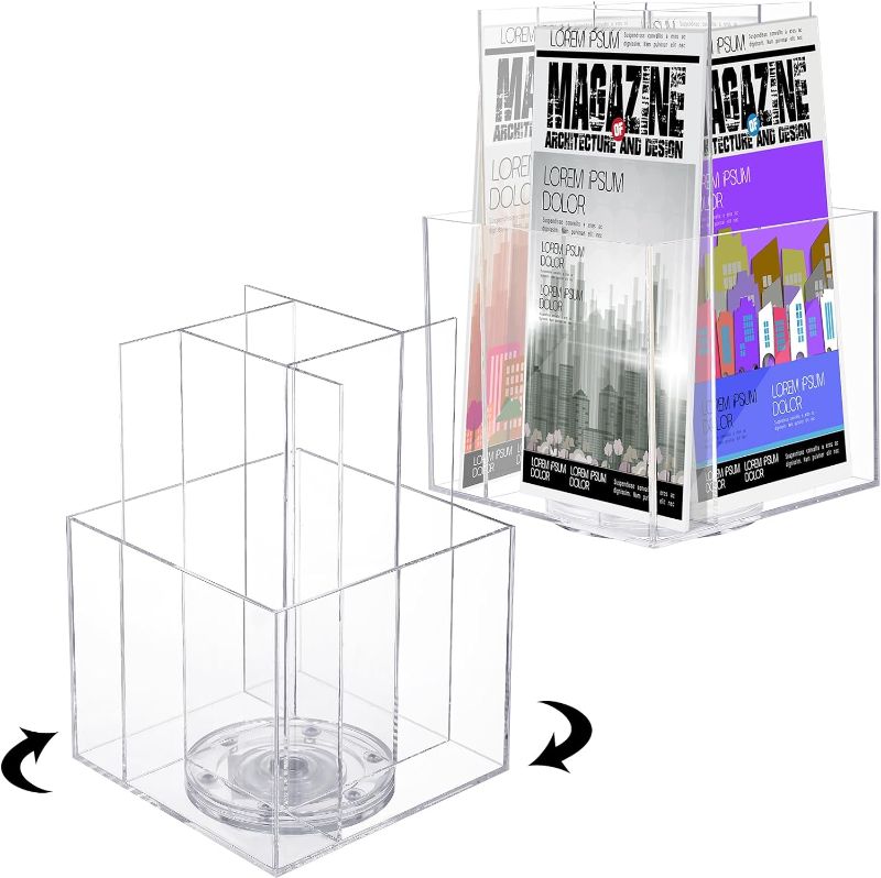 Photo 1 of 2 Pcs 6 x 9 Inch Clear Acrylic Brochure Holder 4 Pocket Rotating Tabletop Plastic Pamphlet Holder 360 Degrees Pinning Brochure Display Stand Brochure Organizer for Magazine Flyers Countertop
