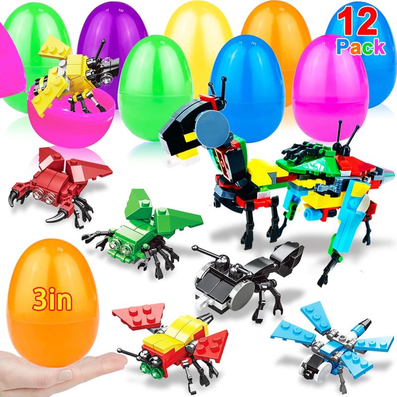 Photo 1 of 12 Pack 3" Large Easter Eggs Filled Stem Building Toys Easter Basket Stuffers 6 in 1 Transform Animal Building Blocks Easter Party Favors Gifts for Kids Toddlers Boys Girls Teens Easter Eggs Hunt