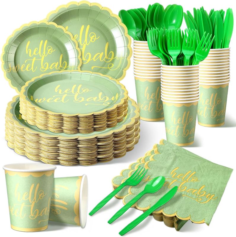 Photo 1 of 324 Pcs Sage Green Birthday Party Decorations Birthday Party Supplies Serves 36 Baby Shower Dinner Plates for Kids Disposable Plates Cups and Napkins for Baby Shower Children's Birthday