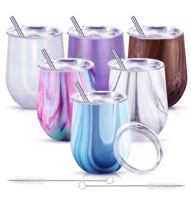 Photo 1 of 6 Pieces 18/8 Stainless Steel Insulated Wine Tumbler with Lid and Straw 12 oz Christmas Stemless Insulated Wine Glass Travel Wine Glass Dishwasher Safe Stemless Wine Cup Double Wall Metal Coffee Mug