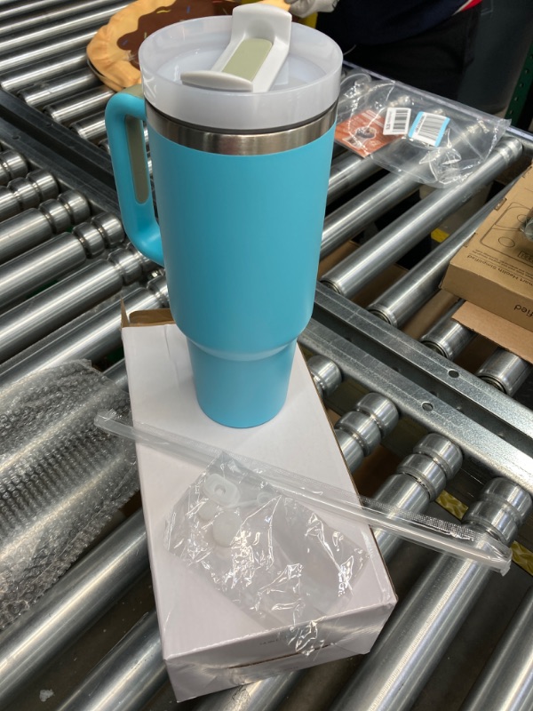 Photo 2 of *STOCK PHOTO FOR REFERENCE* Stainless Steel Tumbler 40oz with Handle and Straw plus Spill Proof Silicone Straw Cover Set - Insulated Water Cup Bottle (Light Blue)