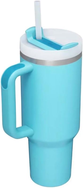 Photo 1 of *STOCK PHOTO FOR REFERENCE* Stainless Steel Tumbler 40oz with Handle and Straw plus Spill Proof Silicone Straw Cover Set - Insulated Water Cup Bottle (Light Blue)