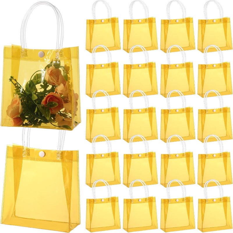 Photo 1 of 100 Pcs Clear Plastic Gift Bags with Handles PVC Transparent Gift Wrap Tote Bag Reusable Treat Bags Wrapping Gifts Bags for Party Favors Wedding 6.3 x 5.9 x 2.8 in(Gold)