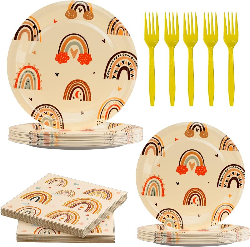 Photo 1 of 120 Pcs Boho Rainbow Party Supplies Bundle Paper Dinner Dessert Plates Napkins Forks Boho Rainbow Party Birthday Decorations For Kids Serves 30