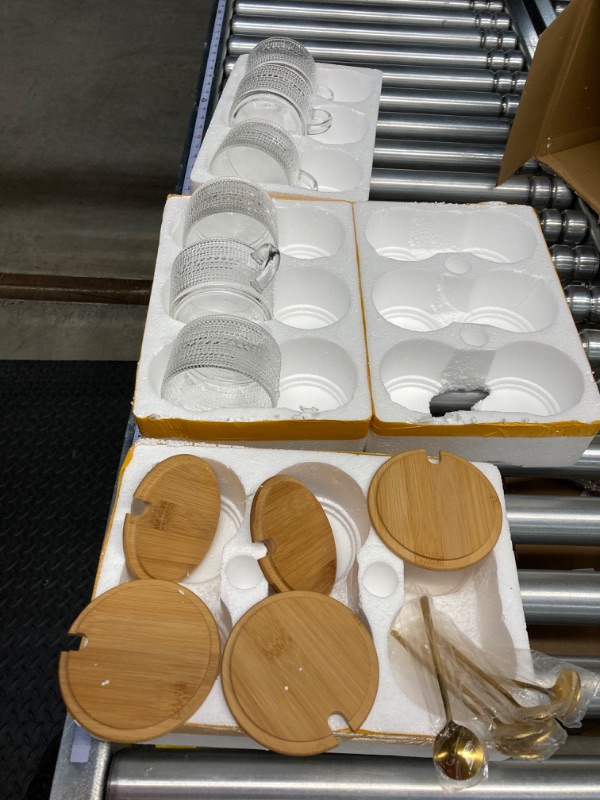 Photo 1 of *MISSING ONE TOP* Moretoes Coffee Mugs Set of 6, 14oz Vintage Glass Coffee Mugs, Overnight Oats Containers with Bamboo Lids and Spoons, Clear Embossed Glass Tea Cups for Cappuccino, Latte, Cereal, Yogurt