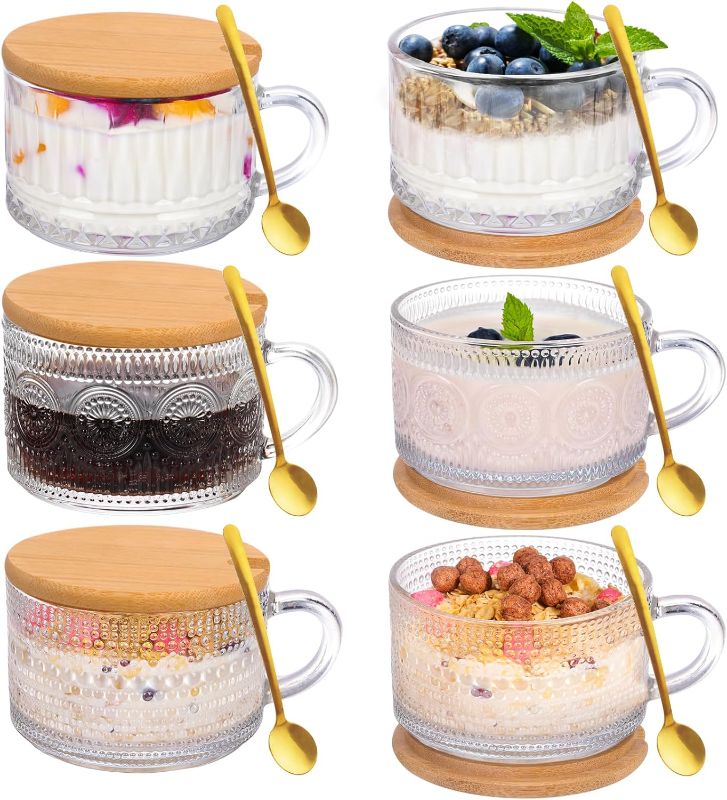 Photo 1 of *MISSING ONE TOP* Moretoes Coffee Mugs Set of 6, 14oz Vintage Glass Coffee Mugs, Overnight Oats Containers with Bamboo Lids and Spoons, Clear Embossed Glass Tea Cups for Cappuccino, Latte, Cereal, Yogurt