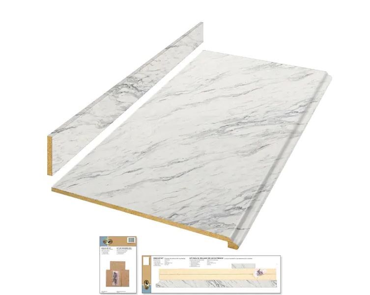 Photo 1 of 8 Ft. Straight Laminate Countertop Kit Included in Gloss Calcutta Marble with Full Wrap Ogee Edge & Backsplash