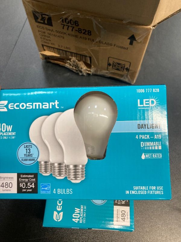 Photo 3 of 40-Watt Equivalent A19 Dimmable Frosted Glass Filament LED Light Bulb Daylight (4-Pack) 2 boxes
