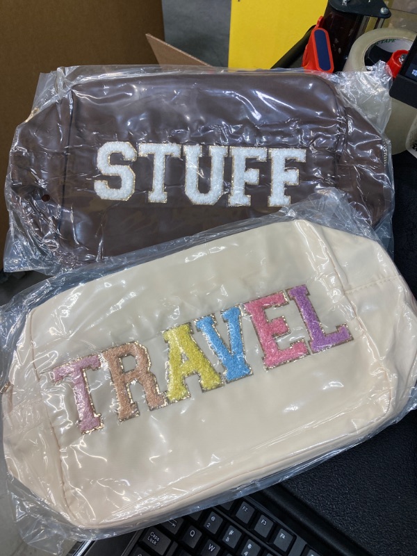 Photo 1 of 2 Pcs Chenille Letter Bag Preppy Nylon Makeup Bag with Patches Stuff Makeup Case Chenille Letter Pouch Zipper Waterproof Letters Cosmetic Bag for Women Travel Outdoor Dance, White, Brown

