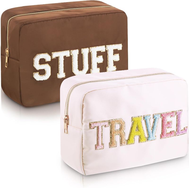 Photo 1 of 2 Pcs Chenille Letter Bag Preppy Nylon Makeup Bag with Patches Stuff Makeup Case Chenille Letter Pouch Zipper Waterproof Letters Cosmetic Bag for Women Travel Outdoor Dance, White, Brown
