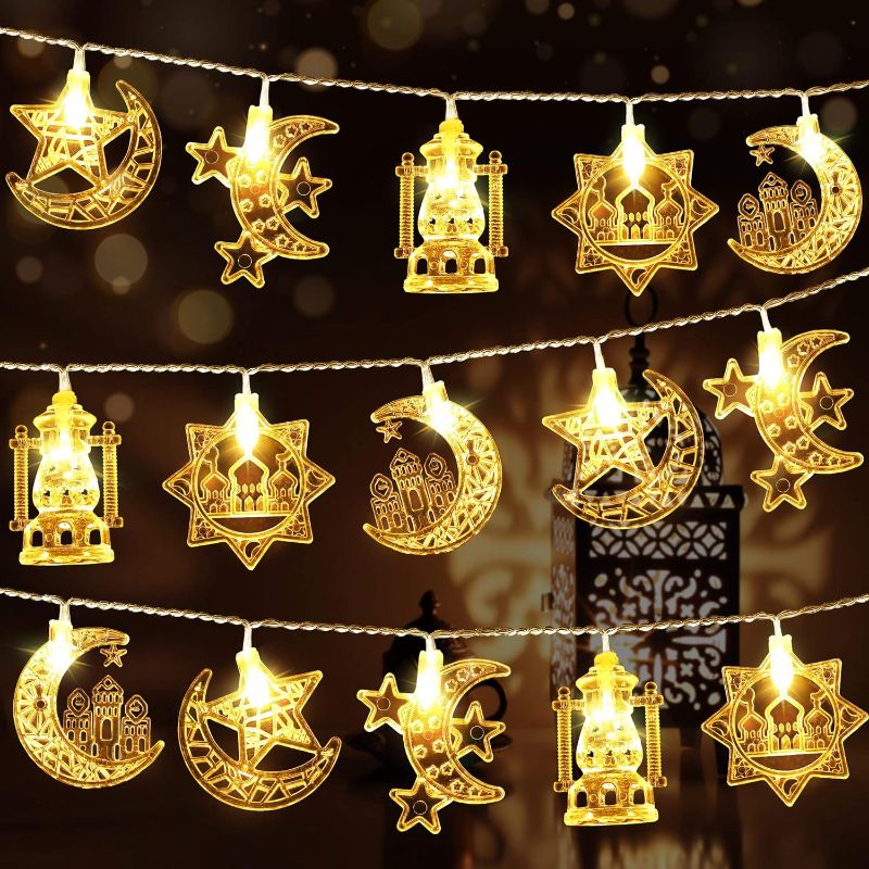 Photo 1 of 1 Pack 16 ft Moon Star Ramadan String Lights 30 LEDs, Battery Operated Eid Mubarak Fairy Lights for Ramadan Decoration, Eid Decorative Lights with Remote Control (Warm White)
