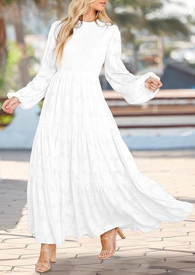 Photo 1 of MITILLY Women's Elegant Floral Long Sleeve Round Neck Smocked A-Line Flowy Tiered Maxi Dress with Pockets
