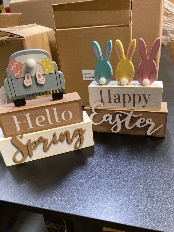 Photo 2 of 2 Pack Happy Easter Decorations Rabbit Truck Décor Spring Rustic Wooden Block Vintage Funny Bunny Home Décor Farmhouse Signs Gift for Garden Indoor Holiday
