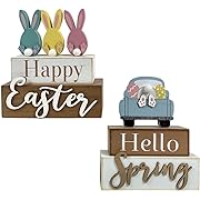 Photo 1 of 2 Pack Happy Easter Decorations Rabbit Truck Décor Spring Rustic Wooden Block Vintage Funny Bunny Home Décor Farmhouse Signs Gift for Garden Indoor Holiday
