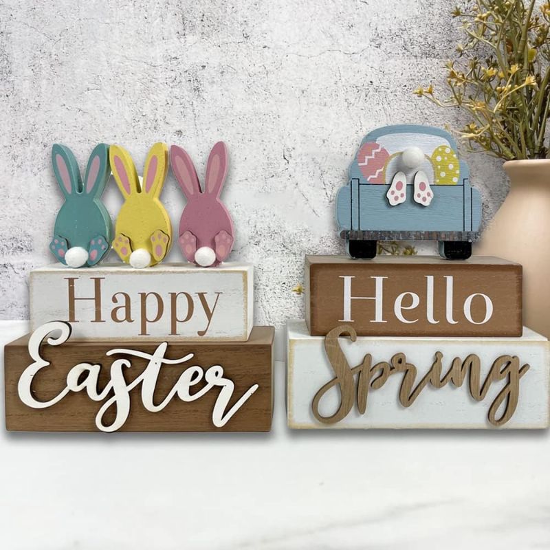 Photo 1 of 2 Pack Happy Easter Decorations Rabbit Truck Décor Spring Rustic Wooden Block Vintage Funny Bunny Home Décor Farmhouse Signs Gift for Garden Indoor Holiday
