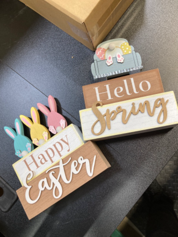 Photo 2 of 2 Pack Happy Easter Decorations Rabbit Truck Décor Spring Rustic Wooden Block Vintage Funny Bunny Home Décor Farmhouse Signs Gift for Garden Indoor Holiday
