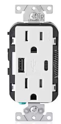 Photo 1 of 15 Amp Decora Tamper-Resistant Duplex Outlet with Type A and C USB Charger, White (2-Pack)
