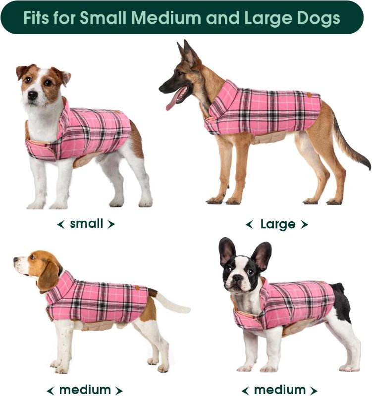 Photo 1 of ***SEE NOTES*** Kuoser Warm Dog Coat, Reversible Dog Jacket Waterproof Dog Winter Coat British Style Plaid Dog Clothes Pet Dog Cold Weather Coats Cozy Snow Jacket Vest, Pink and Black (Large)