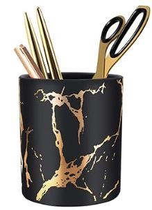 Photo 1 of 2 Pack Pen Holder for Girls, WAVEYU Stand for Desk Marble Pattern Pencil Cup for Kids Ceramic Desk Organizer Makeup Brush Holder for Daily Use in Office, Classroom, Home, Black-Golden Marble
