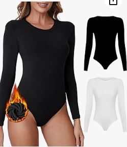 Photo 1 of KDF Long Sleeve Bodysuit for Women, Crew Neck Fleece Lined Bodysuit Top Women Thick Stretch Tops Jumpsuit with Tummy Control
