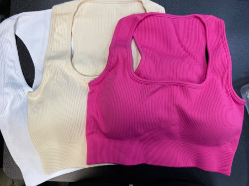 Photo 3 of OQQ Women's 3 Piece Medium Support Crop Tops Ribbed Seamless Removable Cups Workout Exercise Racerback Sport Bra Medium Rose Beige White