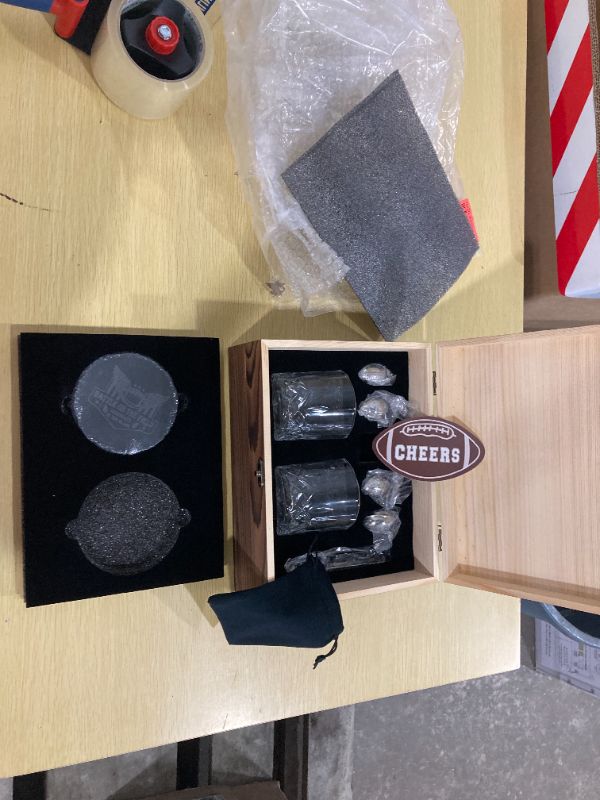 Photo 2 of ***MISSING ACCESSORIES*** Football Whiskey Stones Gift Set, Whiskey Glasses Set of 2 Birthday and Retirement Gifts for Men Dad Boyfriend - 2 x Exquisite Bourbon Glasses, 4 x Stainless Steel Cooling Stones, Coasters and Tongs