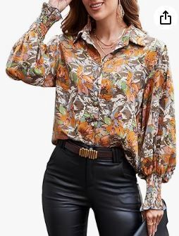 Photo 1 of XL Womens Casual Button Down Shirts Printed Boho Silk Long Sleeve Blouses Loose Fit Work Office Tops Spring Summer Outfits
