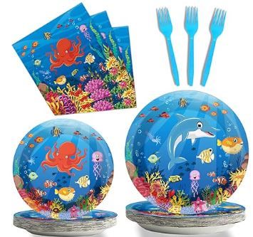 Photo 1 of ***(SEE NOTES)***  98 Pcs Ocean Under the Sea Plates and Napkins Party Supplies Ocean Themed Tableware Set Lunch Napkins Party Decorations Favors for Underwater Dolphin Fish Birthday Baby Shower Serves 24
