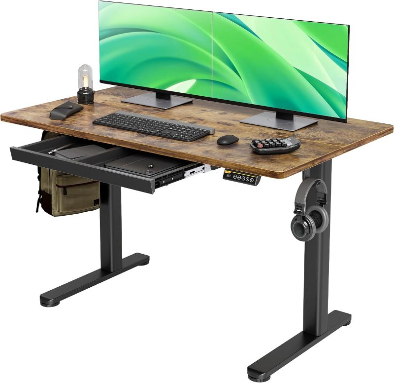 Photo 1 of Claiks Standing Desk with Drawers, Stand Up Electric Standing Desk Adjustable Height, Sit Stand Desk Computer Workstation, 48 Inch, Rustic Brown