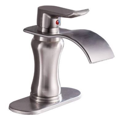 Photo 1 of Single-Handle Single-Hole Waterfall Bathroom Sink Faucet with Deckplate Included in Brushed Nickel